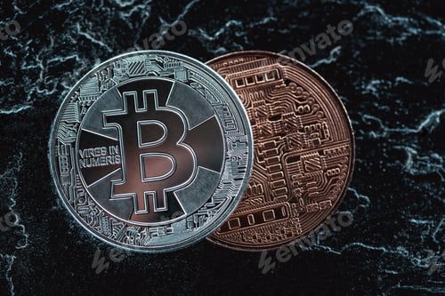 Preview: close up view of arranged silver and bronze bitcoins on dark marble surface