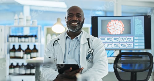 Preview: Black man, scientist and happy on portrait at laboratory with pride or confidence for science resea