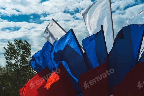 Preview: Flag of Russia against the background of the sky and the Orthodox Church.
