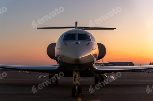 Preview: Scenic front view modern luxury expensive private jet plane parked airport taxiway hangar warm