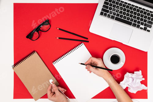 Preview: top view of an office desk with stationery for an office worker