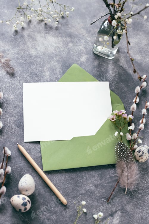 Preview: Empty Card, Willow Twigs and Envelope. Easter Mockup.