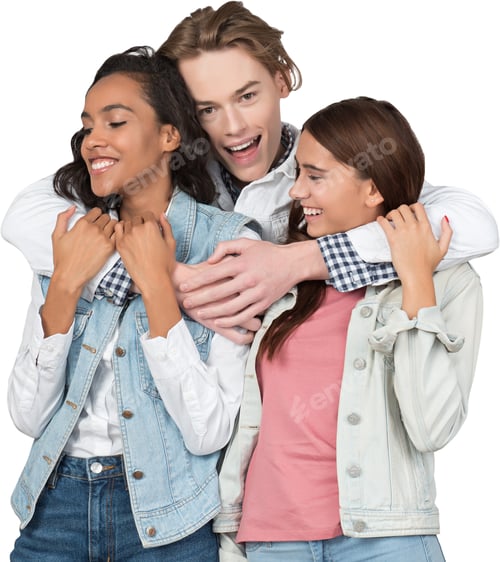 Preview: three young people hugging each other on a black background