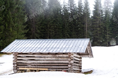 Preview: House made of wood during winter in front of a forest