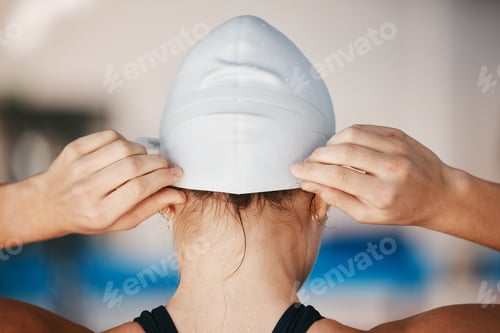 Preview: Sports, swimming pool or back of woman with cap ready for a race competition, exercise or training.