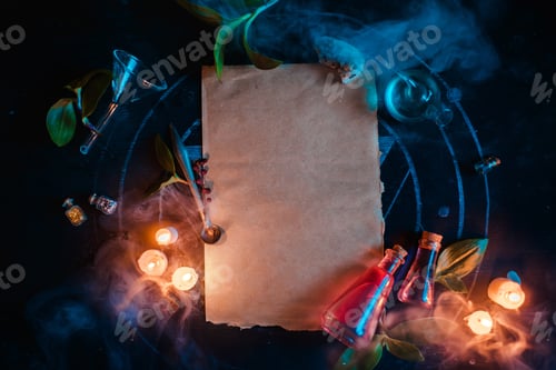 Preview: Magical scroll template for ad or certificate. Blank parchment with candles and potions. Dark still