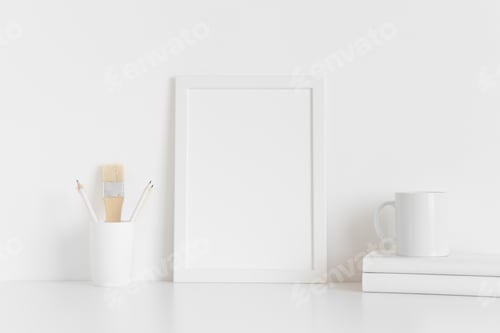 Preview: White frame mockup with workspace accessories on a white table. Portrait orientation.