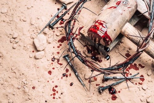 Preview: Good Friday, Passion of Jesus Christ. Crown of thorns, hammer, bloody nails on ground. Christian