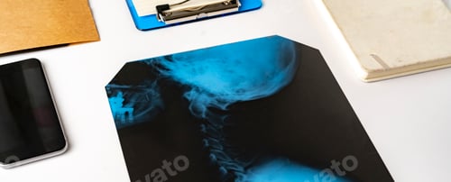 Preview: a flat lay medican x-ray scan of bones, search for diagnos on the nurse's table
