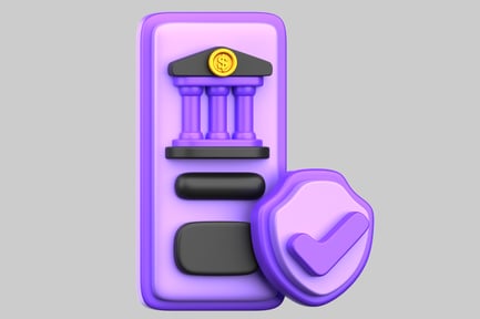 Preview: Purple cell phone with checkmark and bank building
