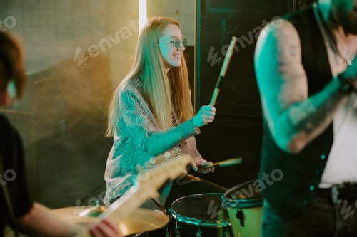 Preview: Young Woman Enjoying Playing Drums