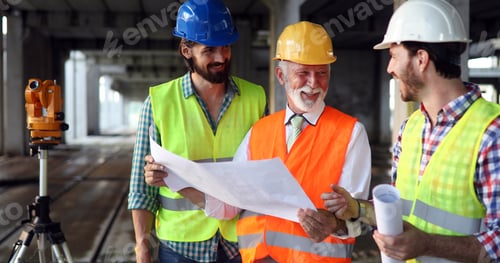 Preview: Architect and construction engineer or surveyor discussion plans and blueprints