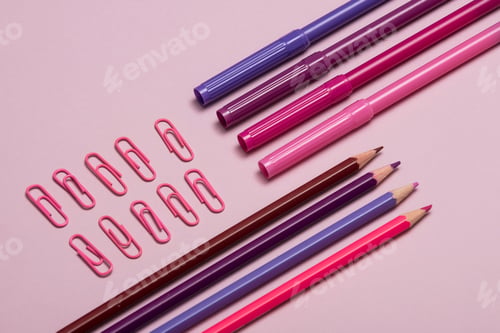Preview: Colourful pencils, thumbtacks and clips over a pink background