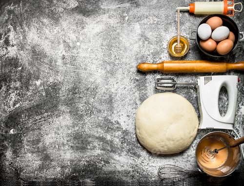 Preview: Dough background. The dough with the mixer and various ingredients .