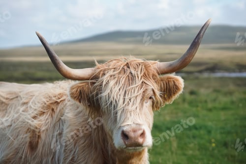 Preview: Longhorn cattle standing in a field of tall grass, with mountains in the background