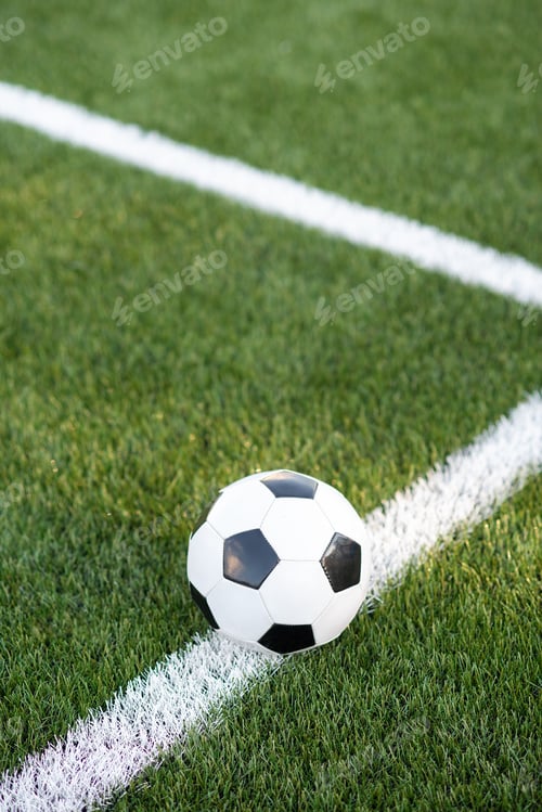 Preview: Traditional soccer ball on soccer field. black and White Soccer ball on green meadow