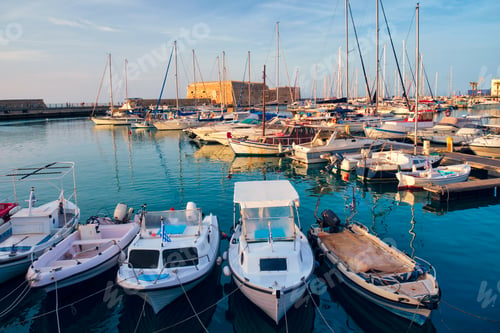 Preview: Venetian Fort in Heraklion and moored fishing boats, Crete Island, Greece