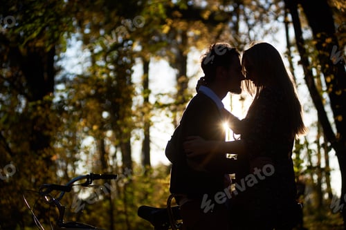 Preview: Romantic couple, man and attractive girl close together at tandem bicycle in dark autumn park.