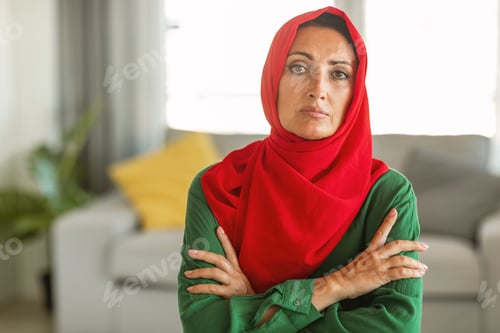 Preview: Woman Wearing Red and Green Hijab, Home Interior