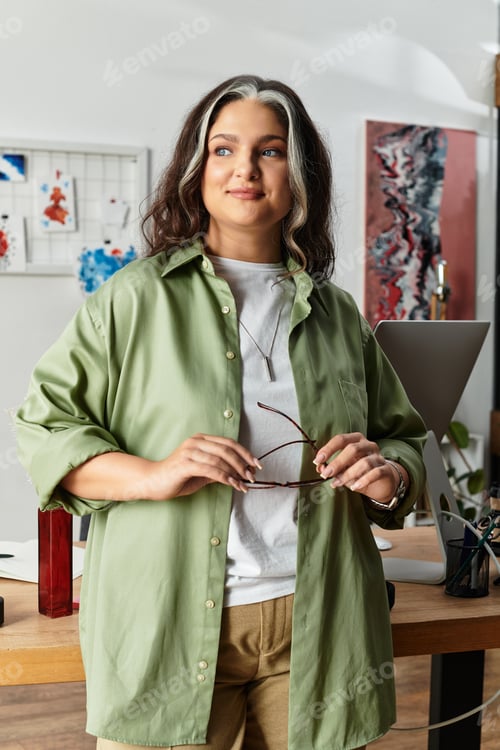 Preview: Woman in modern apartment embraces unique beauty and genetic diversity