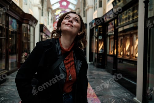 Preview: Happy tourist woman looking up in an antique mall.