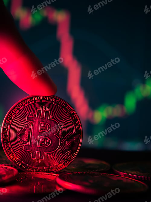 Preview: Coins with bitcoin symbol on red light and crypto stocks chart background.