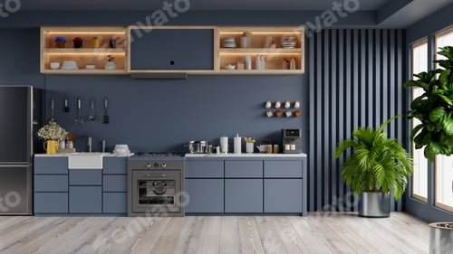 Preview: Luxury kitchen corner design with dark blue wall.
