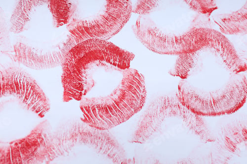 Preview: White background with lipstick kisses, close up