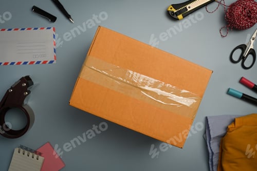 Preview: Cardboard box, correspondence envelope, tape and clews of rope on blue background.