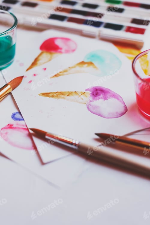Preview: Watercolor Ice Cream Cones with Paintbrushes and Palette