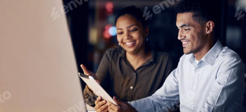 Preview: Tablet reading, night teamwork and business people review article for media app, website database o