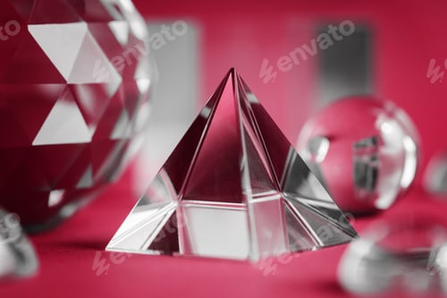 Preview: Color of the year 2023 Viva magenta. Crystal prism refracting light, magic crystals and pyramid