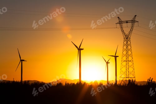 Preview: Electricity pylon and windmills in Inner Mongolia province, China