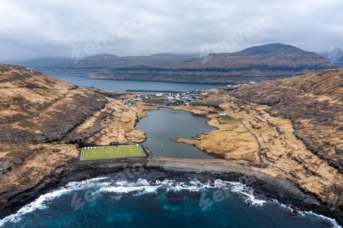 Preview: Football soccer pitch on the coastline in a remote area of the Faroe Islands