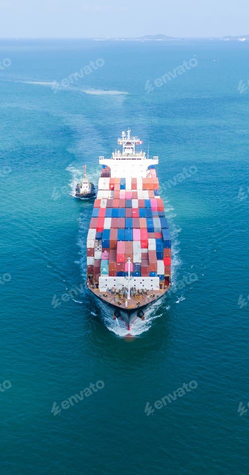 Preview: Cargo Container Ship was pulling by Tugboat. container ship import export to customers