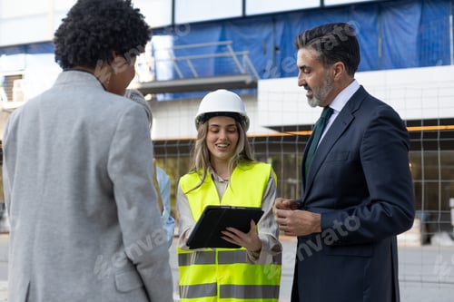 Preview: Architect showing tablet to businesspeople at construction site