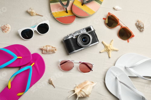 Preview: Flat lay composition with beach accessories on sand