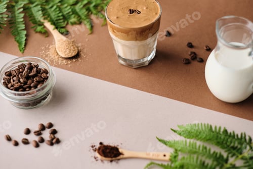 Preview: Iced dalgona coffee with almond milk and brown sugar, coffee beans