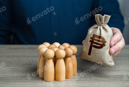 Preview: Man adjusts an philippine peso money bag to a crowd of people figurines.