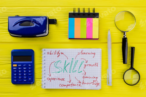 Preview: Notepad with skill word and stationery items.