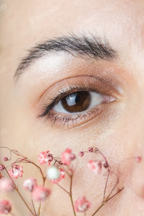 Preview: Pretty brown woman eyes and thick perfect eyebrows with cute little dried flowers under eyes