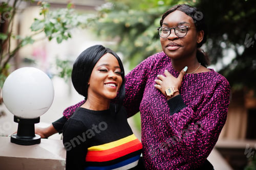 Preview: Two African American woman friends posing outdoor.