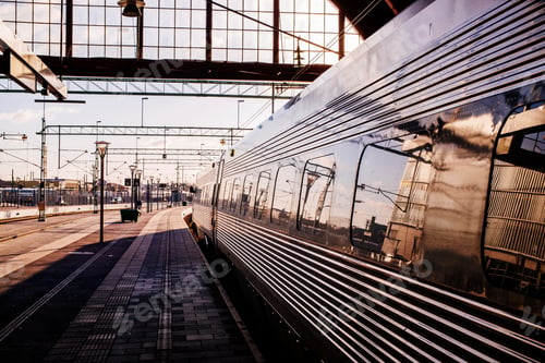 Preview: A gleaming train at sunset waiting at a quiet station platform.