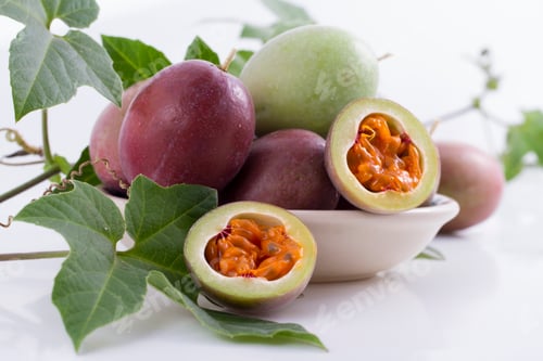 Preview: fruits of gulupa on vine wood table, Passiflora pinnatistipula