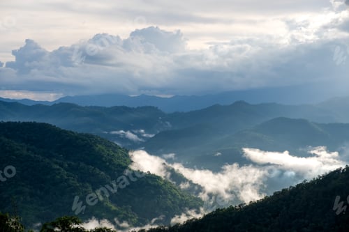 Preview: Landscape image of greenery rainforest hills in foggy day with blue sky background