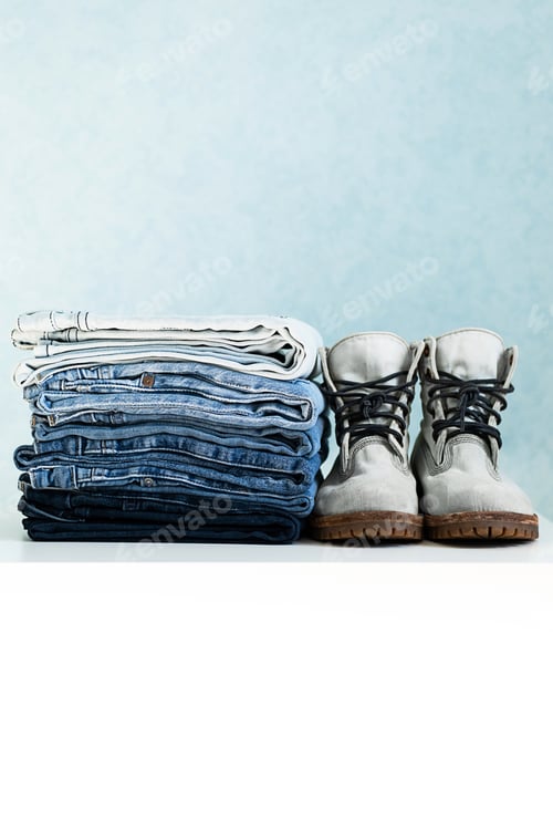 Preview: Stack of Blue Jeans with Gray Lace-Up Boots