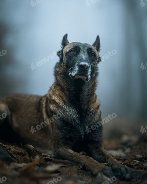 Preview: Belgian Malinois in foggy forest