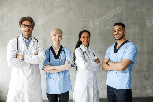 Preview: International team of newest modern clinic having morning breefing