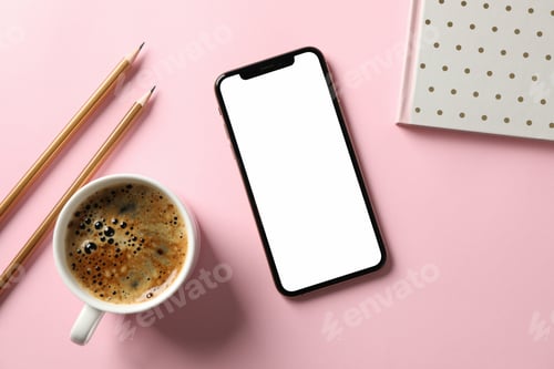 Preview: Phone with empty screen, copybook, pencils and cup of coffee on pink background, top view