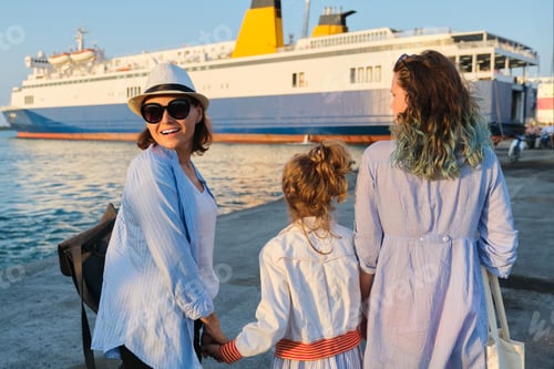 Preview: Sea family vacation, mother and daughters in the seaport looking at the ferry